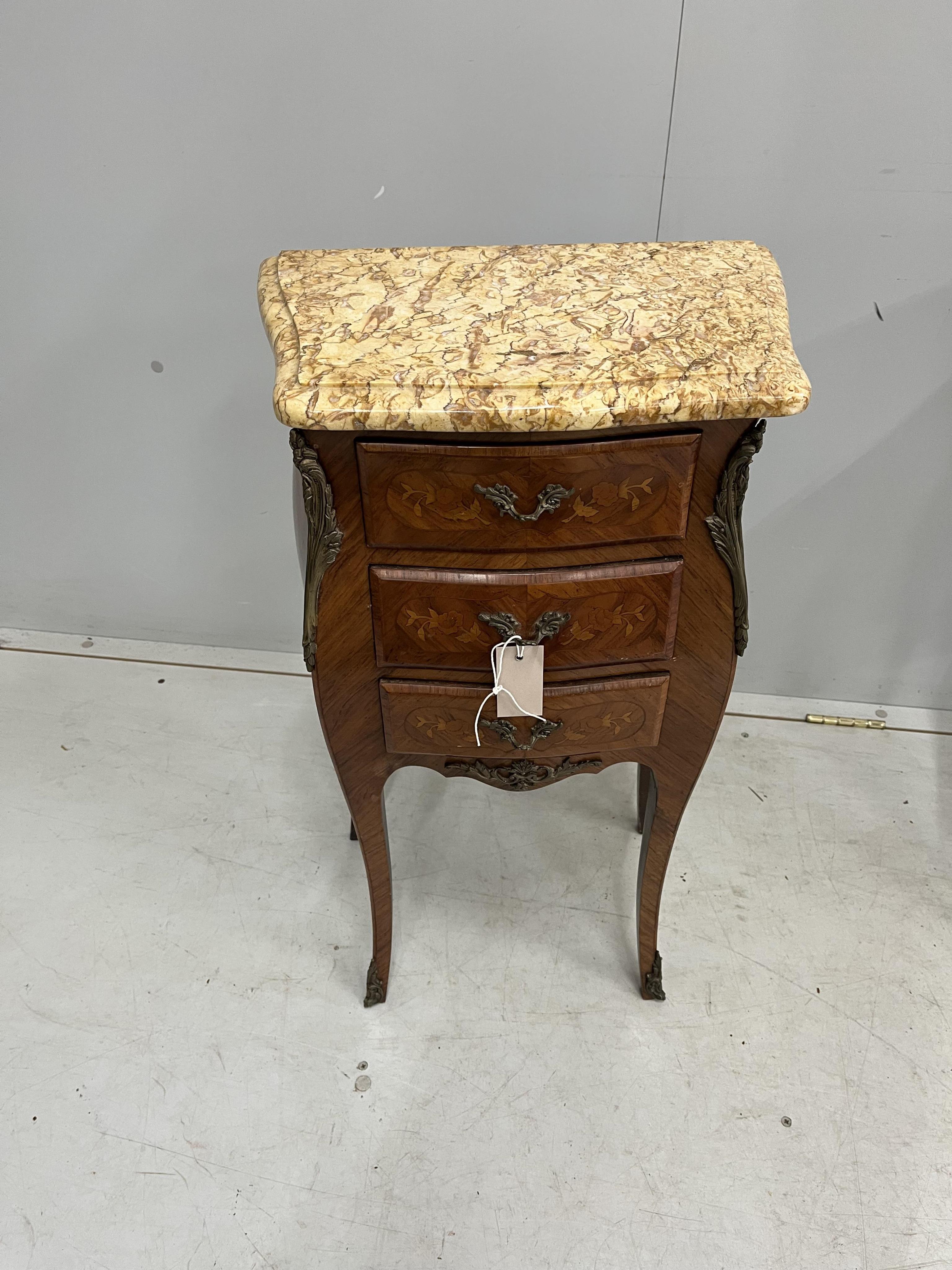 A pair of Louis XVI style gilt metal mounted and marquetry inlaid marble topped three drawer bedside chests, width 42cm, depth 27cm, height 74cm. Condition - good